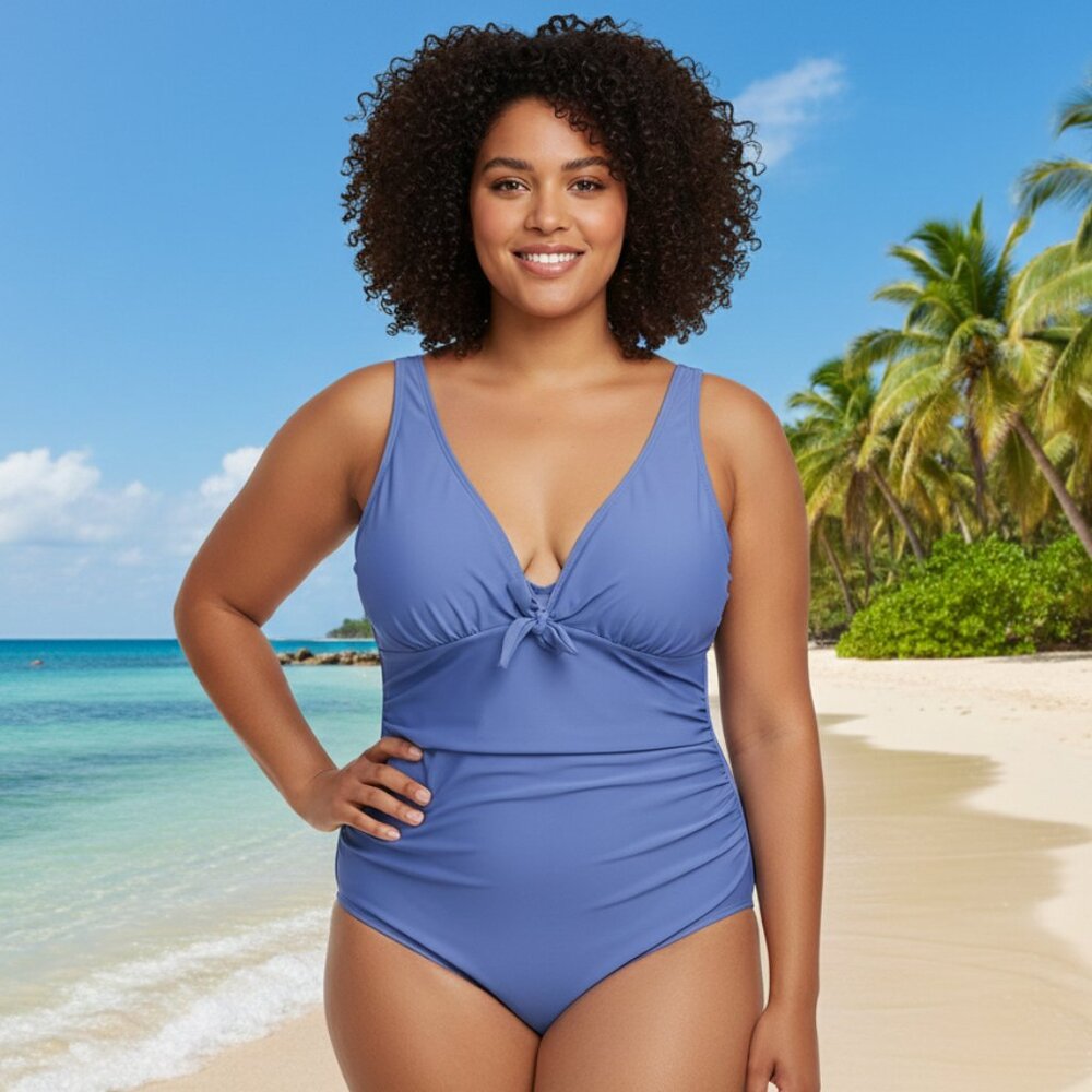 Nicole Miller Studio Women's Size 2X Blue One Piece Swimsuit Tie Front Mesh NWT